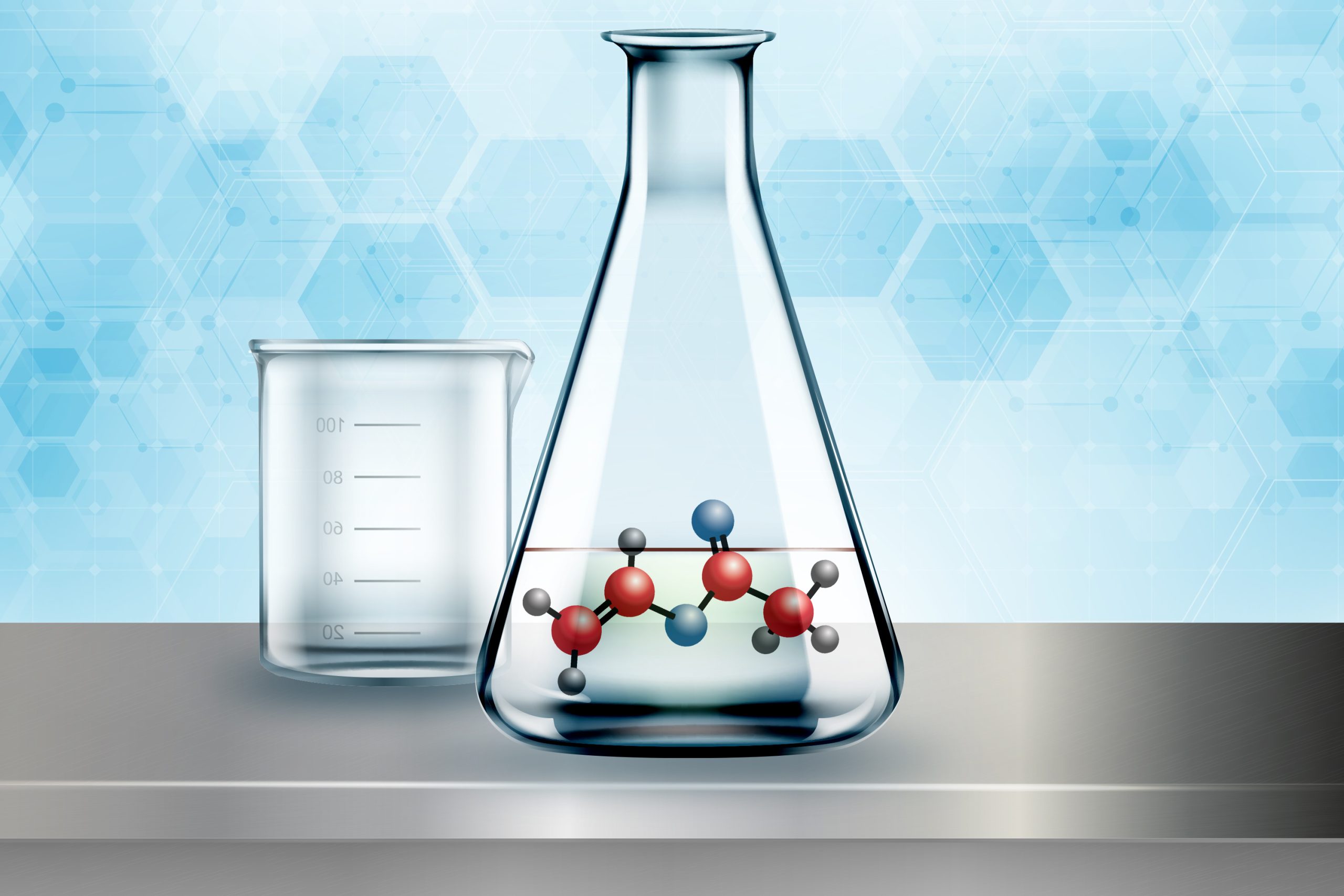 Graphic of a chemistry beaker on a table with atoms inside